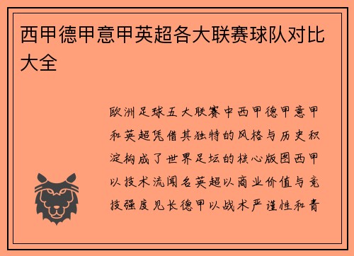 西甲德甲意甲英超各大联赛球队对比大全